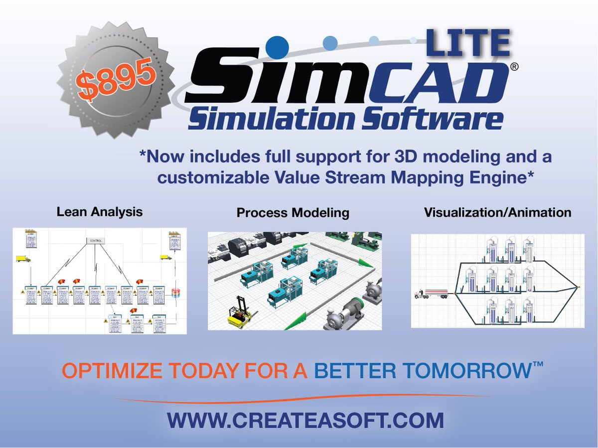 CreateASoft's tweet photo. SHOW SPECIAL!
Simcad Lite now comes with 3D capability and #ValueStreamMapping, for the same low price of $895. Come visit us at #Booth305 to find out more!
#AMEChicago #AMEConnect #LeanProcess #LeanThinking https://t.co/rKgHstvaPX