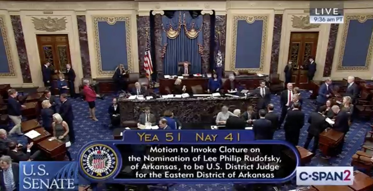 C-SPAN screen shows cloture vote total for Lee Rudofsky's nomination (51-41).