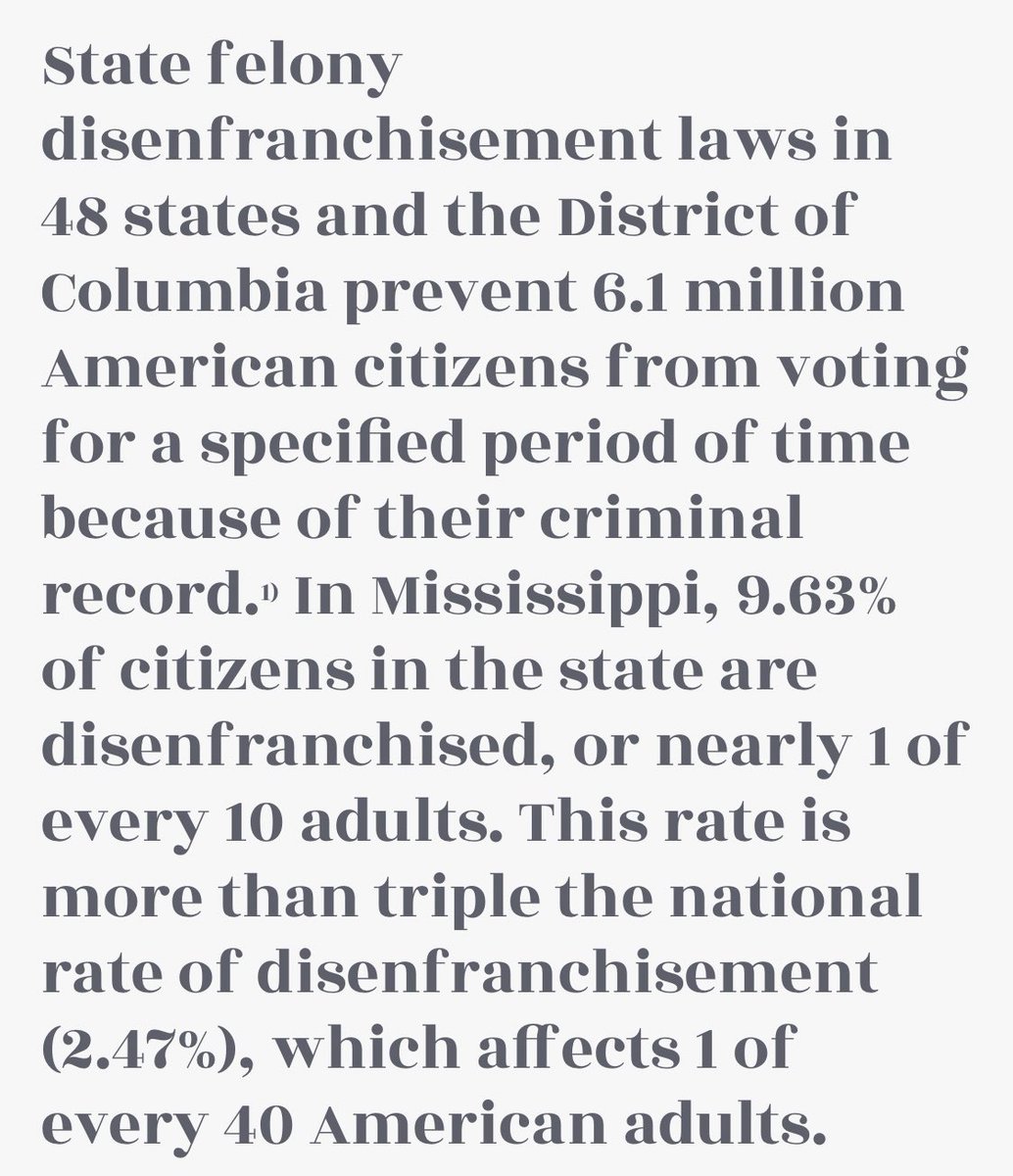 SolidarityUM's tweet photo. We can’t have a realistic conversation about “people not voting” in Mississippi without acknowledging that nearly 1 in 10 Mississippians are currently disenfranchised. “Getting out the vote” has to go much deeper than handing out flyers. https://t.co/ySxzpvcdxz