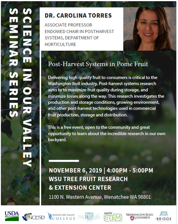 AppleRoot2Fruit's tweet photo. It's the penultimate Science in our Valley for the Fall 2019 series, with #WSUTFREC's own @carotorresdelc! Join us at 4pm today for "Postharvest Systems in Pome Fruit" 🍎🍏🍒 https://t.co/f76vXfrCgl