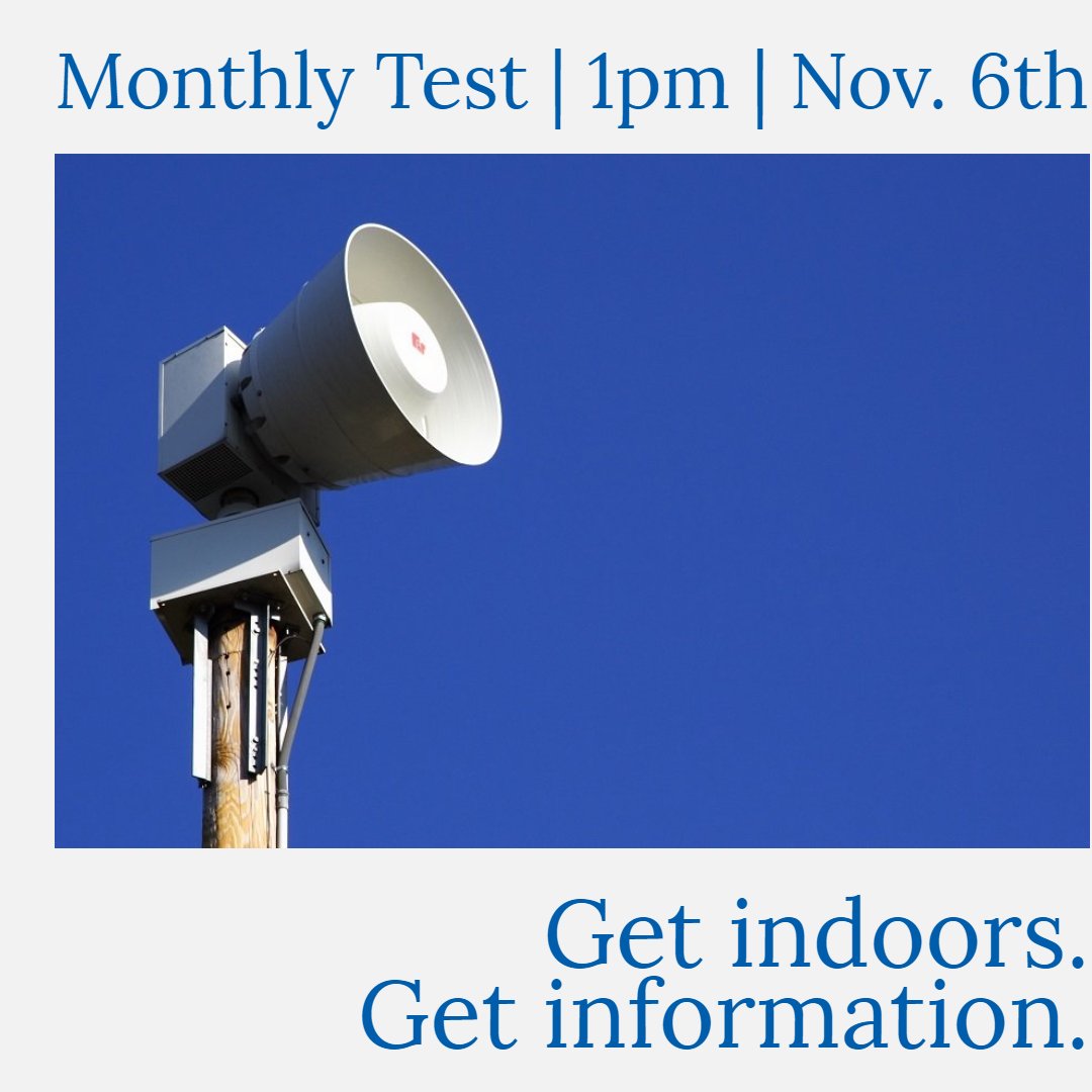 HennepinEM's tweet photo. Today is the first Wednesday of November, which means the outdoor warning sirens will be tested at 1:00 pm. In Hennepin County sirens are sounded for Tornado Warnings, winds exceeding 70 mph, or other situations when people should shelter inside.#OutdoorWarningSirens #MonthlyTest https://t.co/MNPfG91nIo