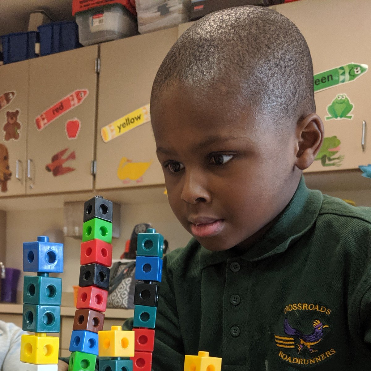 Kindergarteners have been working hard in math these last two months and have worked their way into their "teens" recently.  The students displayed their understanding through the construction of these towers.