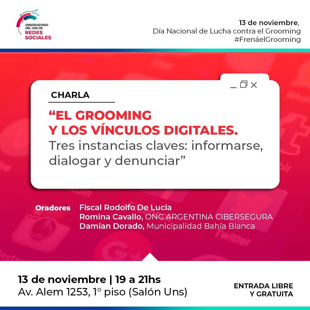 ¡El 13 de noviembre todos decimos #FrenáelGrooming! 🤚
.
.
Sumate a esta charla abierta, en el Día Nacional de Lucha contra el #grooming.