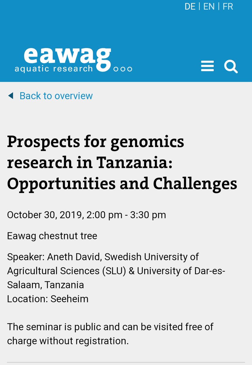 Last week I gave a seminar talk at the Dept. of Fish Ecology and Evolution, Univ. of Bern.

I spoke about 'Opportunities and Challenges in #GenomicResearch in Tanzania', a topic I'm strongly passionate about. 

Thank you Prof. @OleSeehausen for the invite.