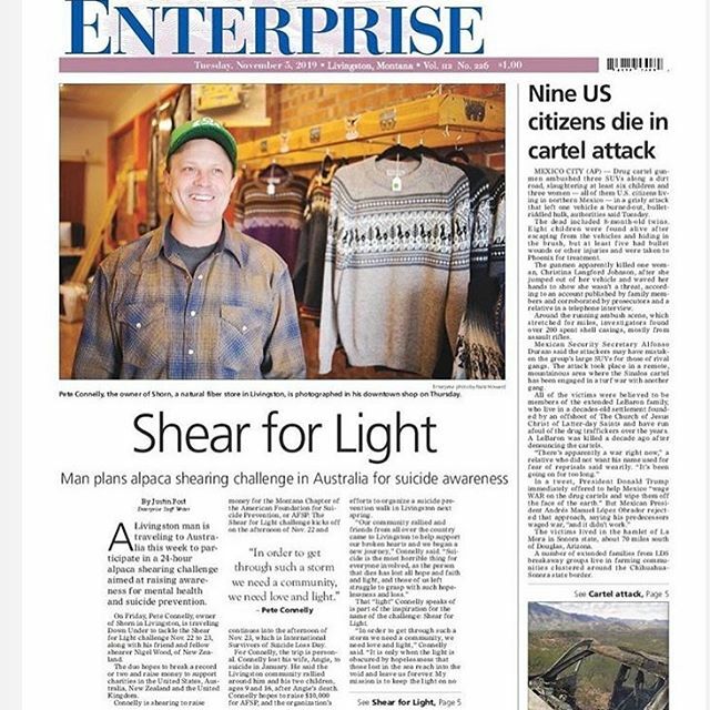 FibertonAcres's tweet photo. You know how I’ve been talking about Shear for Light? Pete and Shear for Light were featured on the front page of the Livingston Enterprise! 
Check out the article at https://t.co/pKyMPgLk4Y .
. .
#shearforlight #⚡️24⚡️ #alpacas #shearing #naturalfibers #mentalhealthawareness #… https://t.co/AJsbkkLXJy
