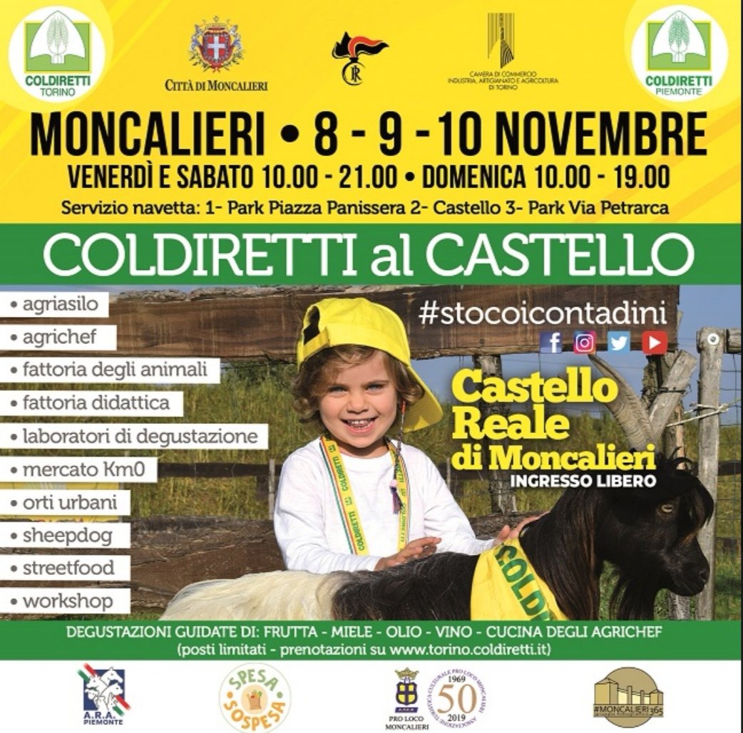viveremoncalier's tweet photo. 📌 #Eventi #Moncalieri
#CastelloReale 8-10 #novembre
"Coldiretti al Castello"! 
#Agricoltura, #mercato a km0, #streetfood, #agrichef, #laboratori di degustazione, #fattoria degli animali, #sheepdog, #mostre, #esposizioni e molto altro ancora

#VivereMoncalieri
@TgrPiemonte https://t.co/f70xgtj6dz