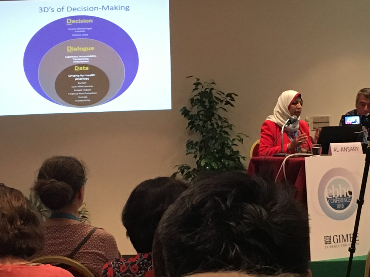 Professor Lubna @Lalansary highlights <a href="/WHO/">World Health Organization (WHO)</a>  "3D approach" Data-Dialogue-Decision for ensuring #Evidence Based Medicine is brought to Policy Dialogue #EBHC2019 <a href="/asoucat/">Dr Agnes Soucat</a>