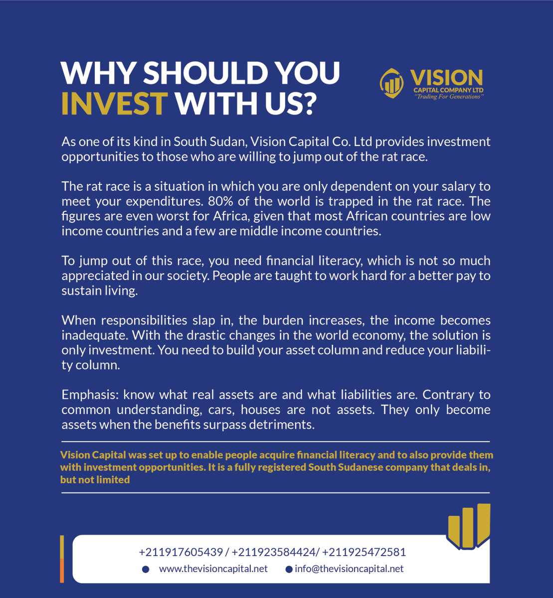 visioncapitalss's tweet photo. Still wondering why you should invest with Vision Capital?
Our story drives our determination and our mission is to trade for generations.
#TradingForGenerations #VisionCapitalCoLtd #Juba #InvestWithUs https://t.co/UZGmR3uV4t