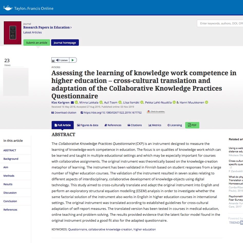 Klas233's tweet image. We have translated &amp;amp; validated an instrument (CKP) which measures the learning of knowledge-work competence in education designed especially for courses using group work or collaborative assignments as instructional approaches tandfonline.com/doi/full/10.10…
#highered #NetworkedLearning