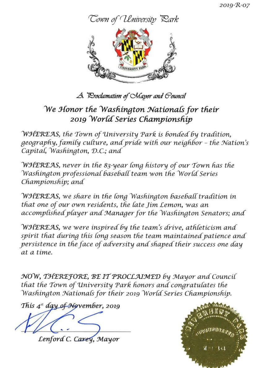 Mayor and Council congratulate <a href="/Nationals/">Washington Nationals</a> on their World Series Championship with a proclamation at Monday night's Council meeting.  Go Nats! upmd.org/DocumentCenter…
