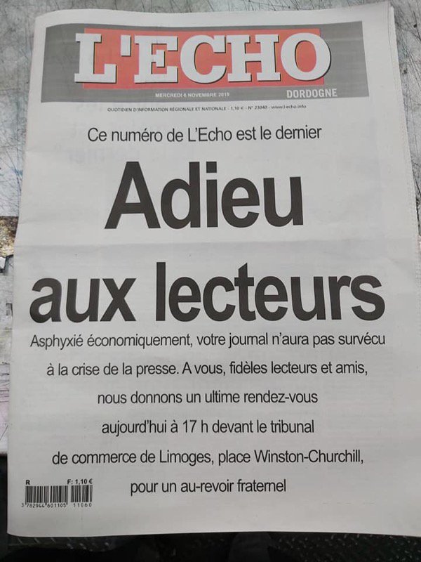 La perte d'un journal est toujours une mauvaise nouvelle et plus encore quand il s'agit d'un titre qui informait sur les luttes et les questions sociales. Soutien aux journalistes qui ont toujours suivi avec sincérité et professionnalisme notre combat <a href="/EchoHauteVienne/">L'Echo Haute-Vienne</a> <a href="/EchoCreuse/">L'Echo de la Creuse</a>