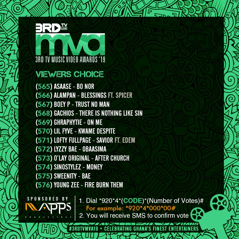 #3RDTVMVA19 • #ViewersChoice
@Asaasegh2 • @Alampangh • @BoeyPgh • @gachiosp • @lilfyveplus1 • @Lofty_FullPage • @LyzzyBae • @OlayOriginal1 • @sinostylez • @sweenityntp • @RealYoungZeeGh

Sponsored by @NappsProduction
#CelebratingGhanasFinestEntertainers