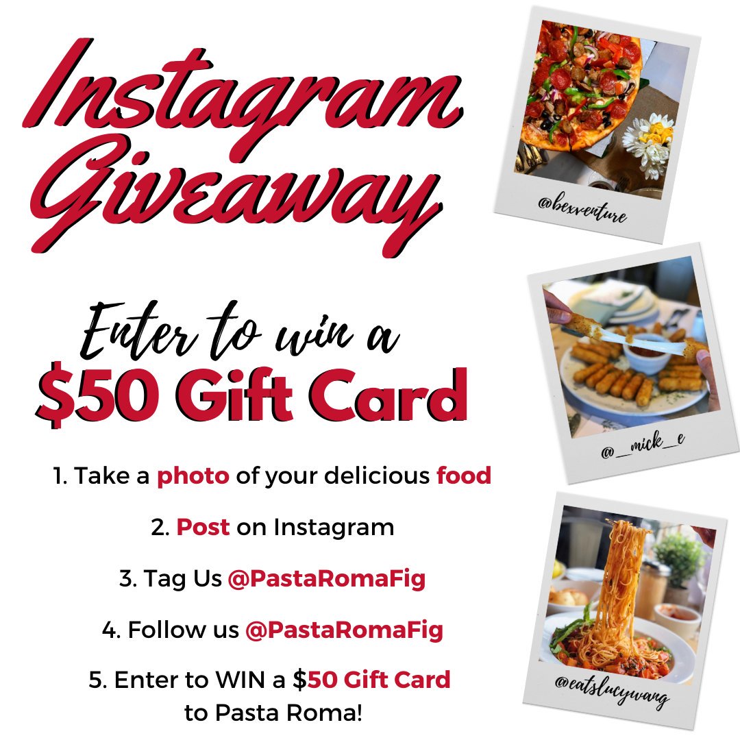 PastaRomaFig's tweet photo. Enter our #instagramgiveaway for a chance to win a $50 Gift Card at Pasta Roma! It's easy to enter... may the best photo to win! #insta #foodphotography #laeats #lafood #lafoodies #entertowin #win #giveaway #prize https://t.co/K4sCKIyaQB