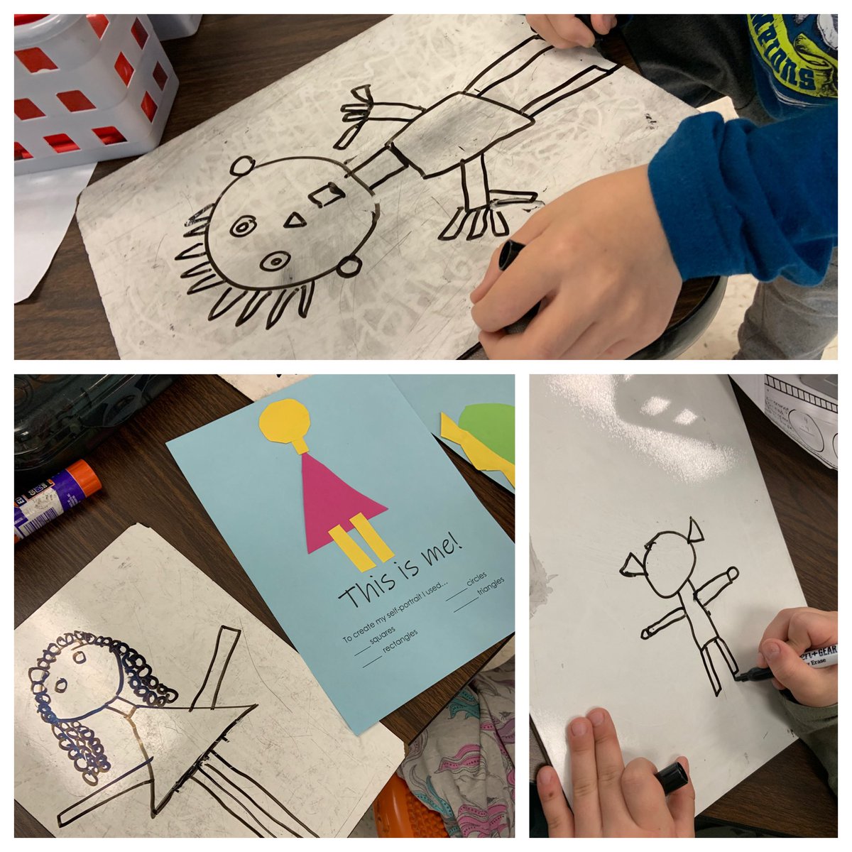 SVentresco1456's tweet photo. First graders reviewed plane shape attributes with a shape self-portrait! This proved tricky but we made adjustments on our whiteboards first. Overall they βshapedβ up to be pretty great ππ @GreenvilleES #GreenvilleES #GESfirstgrade https://t.co/HVtKjHskJy