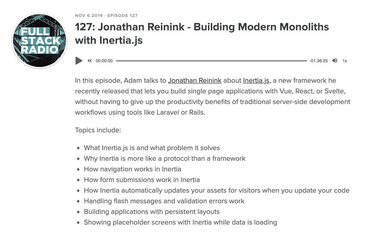Adam Wathan (@adamwathan) on Twitter photo π New <a href="/fullstackradio/">Full Stack Radio</a> is out!
I talk to <a href="/reinink/">Jonathan Reinink</a> about building single page apps and pushing the limits of traditional server-side application development with <a href="/inertiajs/">Inertia.js</a> β‘οΈ
fullstackradio.com/127 π New <a href="/fullstackradio/">Full Stack Radio</a> is out!
I talk to <a href="/reinink/">Jonathan Reinink</a> about building single page apps and pushing the limits of traditional server-side application development with <a href="/inertiajs/">Inertia.js</a> β‘οΈ
fullstackradio.com/127