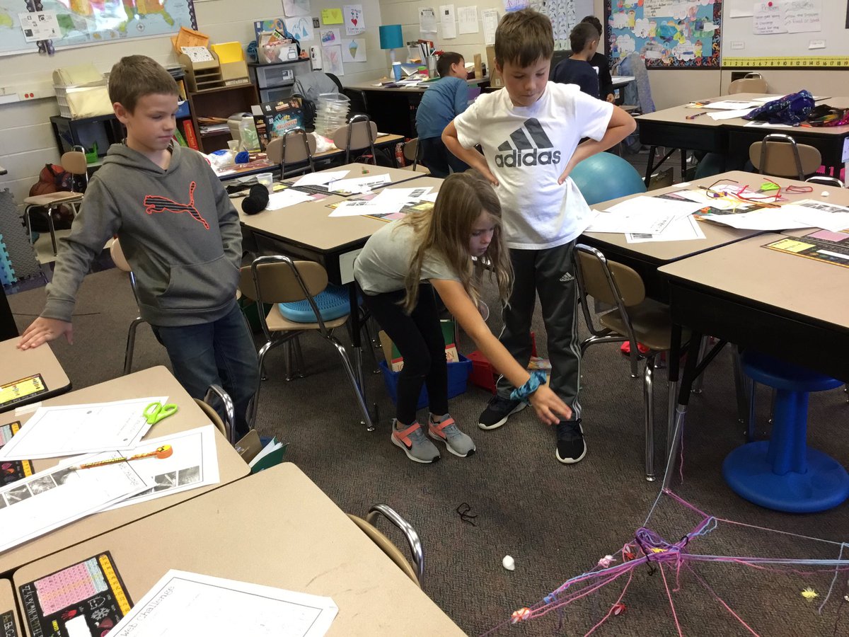 Missbertoli's tweet photo. Last week 2nd grades were challenged to think like a spider and design a web to catch insects. Students tested their designs and reflected what they would do differently to catch more the next time. #stem #learningisfun @hempfield https://t.co/bR47hYaxNh