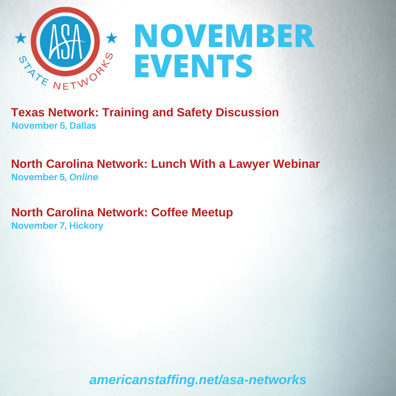 StaffingTweets's tweet photo. #Staffing professionals: ASA offers #ASAStateNetwork events—local educational & networking opportunities. Here is your lineup of November events. Learn more & RSVP at https://t.co/bXpiymqY1h https://t.co/qfwswVSqnD