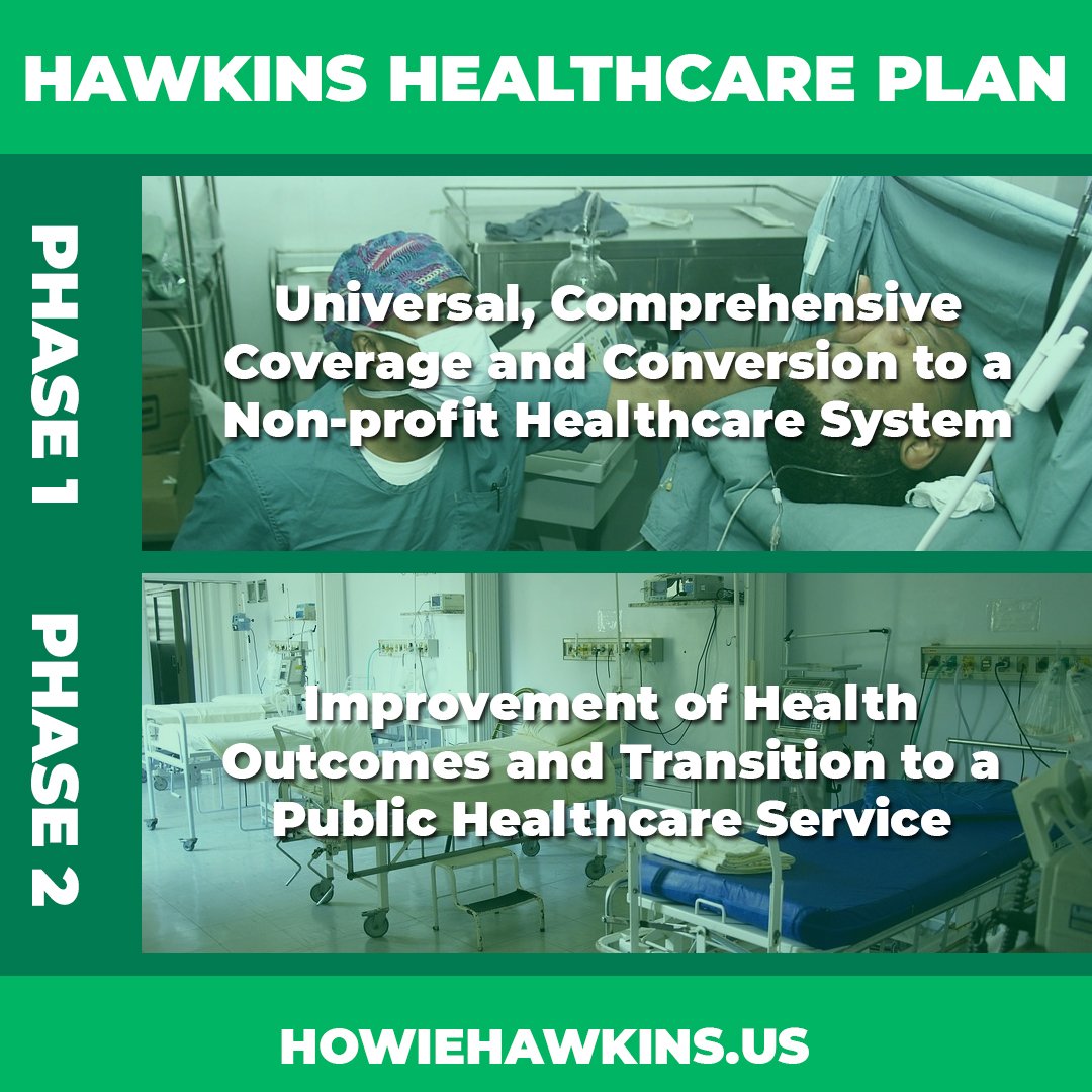 SocialistGreens's tweet photo. The #HawkinsHealthcarePlan with be phased in over 10 years with Universal Coverage being implemented first and the transition to a publicly owned National Health Service that includes providers, pharma, and research sectors.  Plan details below. 

https://t.co/4SIKJde3px https://t.co/s2OJRsinPQ