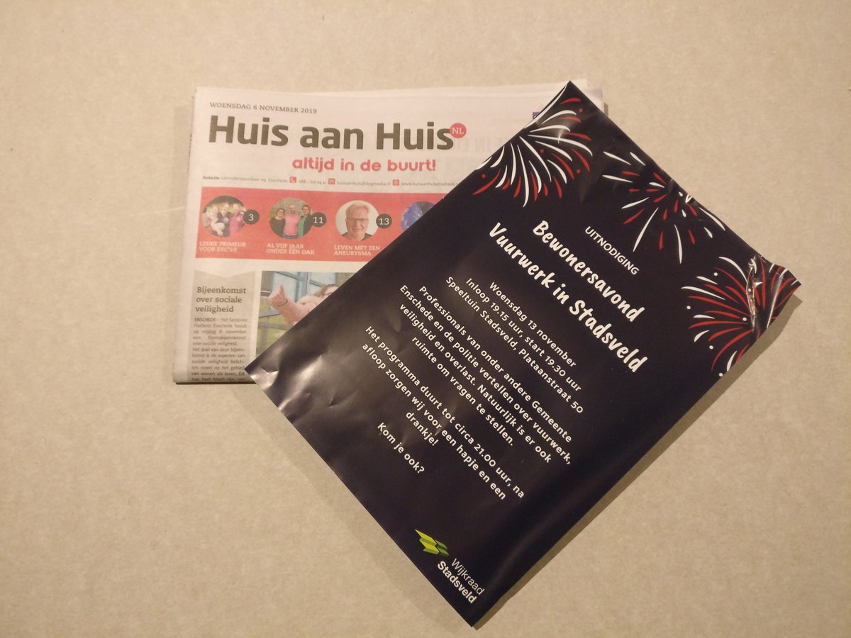 Deze week ontvangt #Stadsveld de Huis aan Huis met uitnodiging voor de bewonersavond Vuurwerk in Stadsveld op 13 november. Kom je ook?