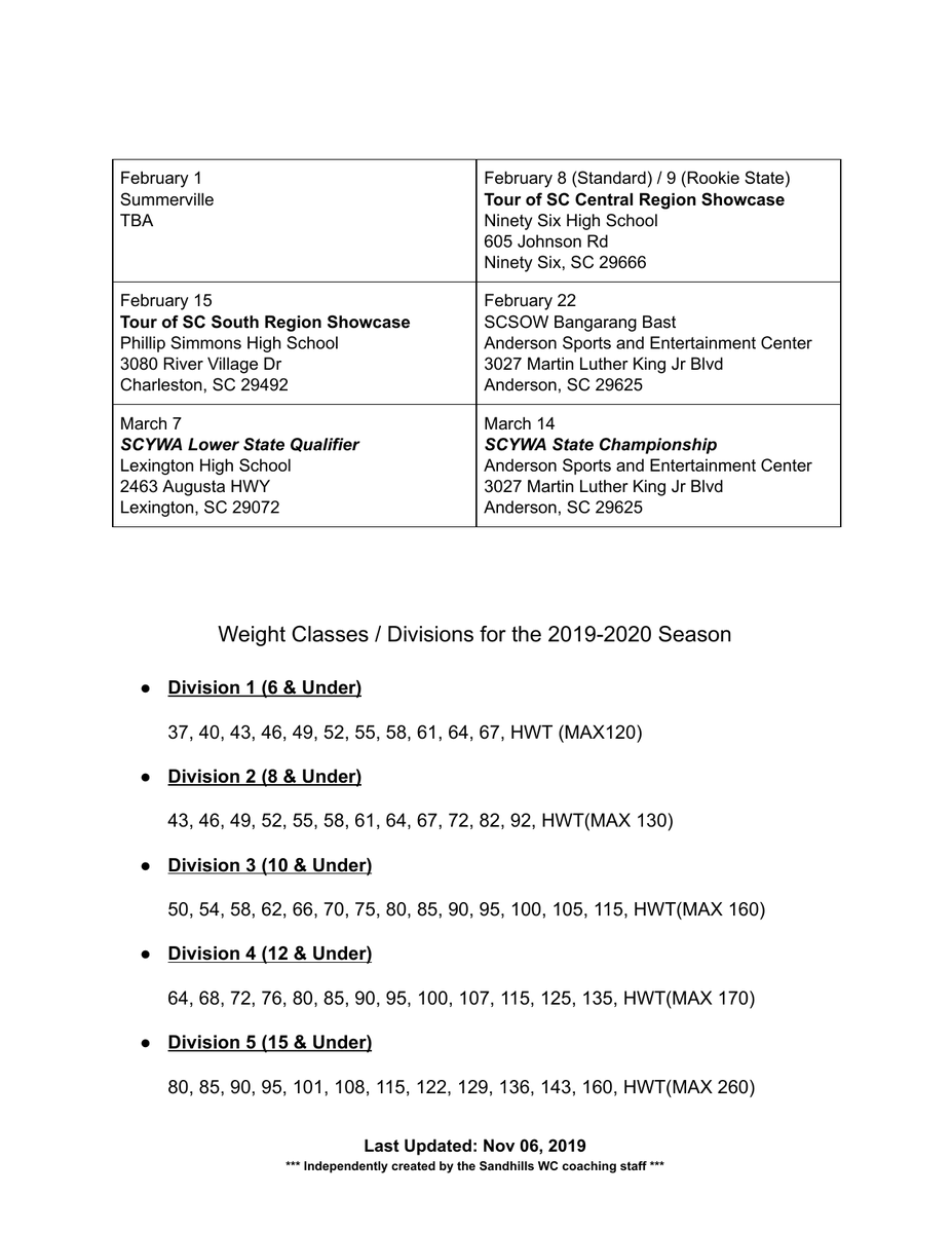SandhillsWC's tweet photo. The wrestling season is upon us! 

As a reminder, practices are:
T/Th 6:30-8pm 
Sun 2-3:30 (MS/HS)
Sun 3:30-5 (Youth)

Here is an overview of the SCYWA schedule 
 (  Google Doc https://t.co/e8JbK6Qol0) with the most recent schedule provided as images. https://t.co/H1I7vGsWlY