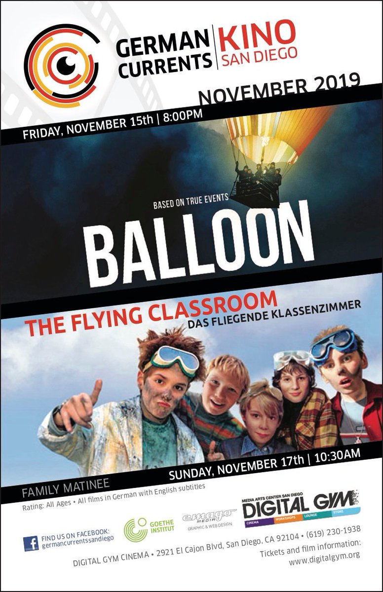 Germancurrentsd's tweet photo. Get ready for our November screenings, commemorating the 30th anniversary of the fall of the Berlin Wall! 
Friday, 11/15, 8:00 PM: BALLOON
Sunday, 11/17, 10:30 AM (Family Matinee): DAS FLIEGENDE KLASSENZIMMER
🎟️ Tickets: https://t.co/SmOdFxsGKH 
@DigitalGymSD @GI_LosAngeles https://t.co/CT0inyObot