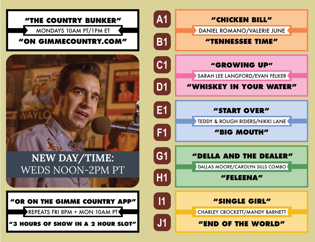 CountryBunkerGC's tweet photo. The Country Bunker debuts in a new time slot: Weds from noon-2pm PT on @GimmeCountry 
New tunes from @SillsCarolyn
@dallasmoore @teddy_n_the_rrs @mandybarnett and more. 
Plus, @ameripolitan spotlight on Rockabilly Group and Western Swing Female nominees.
https://t.co/eHWmMSqQ9Z https://t.co/P0R5U533K3