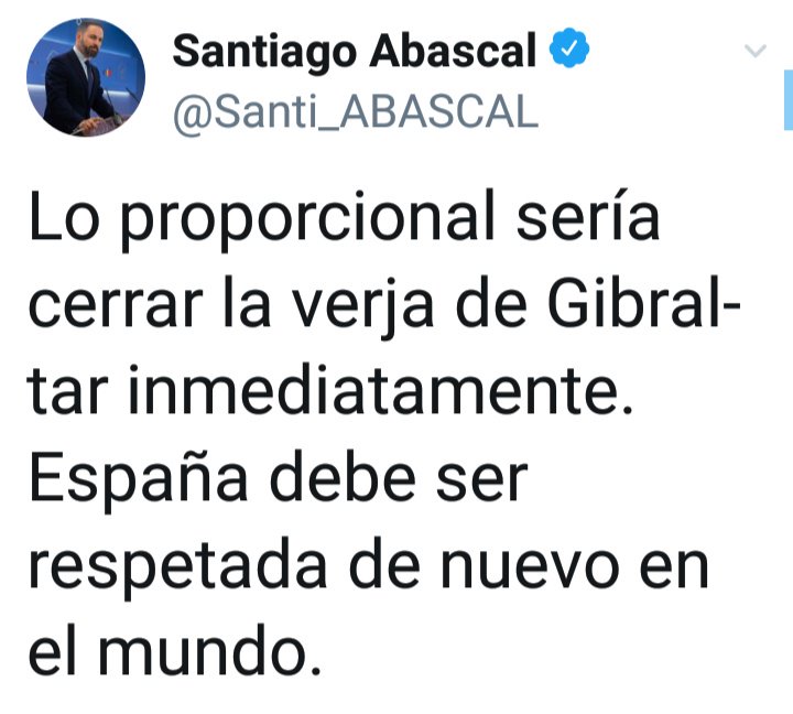 escarvasopas's tweet photo. Medidas que tomara Santiago Abascal si gana las elecciones para que respeten a España:
-Cerrar la verja de Gibraltar.
-Prohibir partidos políticos.
-Que podamos tener pistolas.
-Negar el cambio climático.
-toros, caza y religión en los colegios.
-mostrar su vida laboral. https://t.co/c8L9Rmh7yC