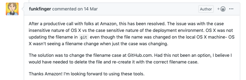 flp_perisic's tweet image. I spent two days trying to figure out why my build fails. As it turns out, refactoring file names form #PascalCase to #camelCase made the build fail because #osx #git &amp;amp; #amplifyConsole handle case-sensitivity differently. Thanks to @funkfinger for writing down what you learned