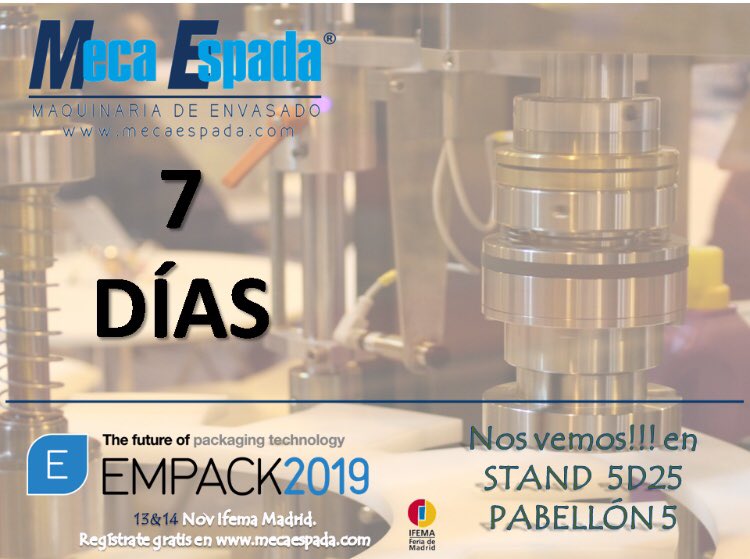 Mecaespada's tweet photo. 🔜 Nos vemos en #EmpackMadrid2019 📆⏳13&14 noviembre #Ifema feria de #Madrid vístanos 😀👉STAND 5D25 pabellón 5 #empack regístrate gratis 👉🔜 @MECAESPADA1 @Empackiberia no te pierdas todas las novedades #Packaging #MecaEspada #innovacion @EasyfairsPACK https://t.co/ttI7XotYww