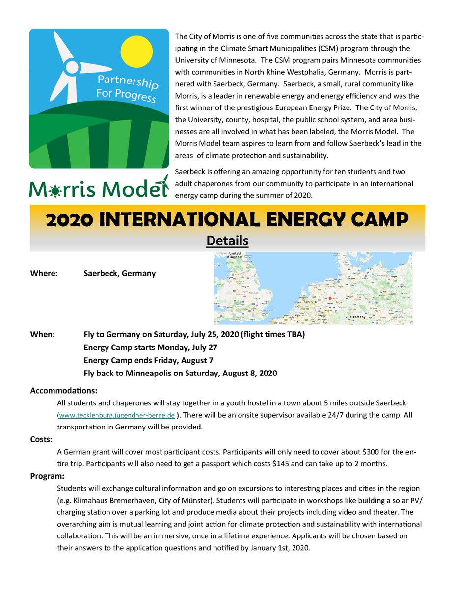 Morris area high school students: Check out this cool opportunity for a 2020 international energy camp in Saerbeck, Germany!