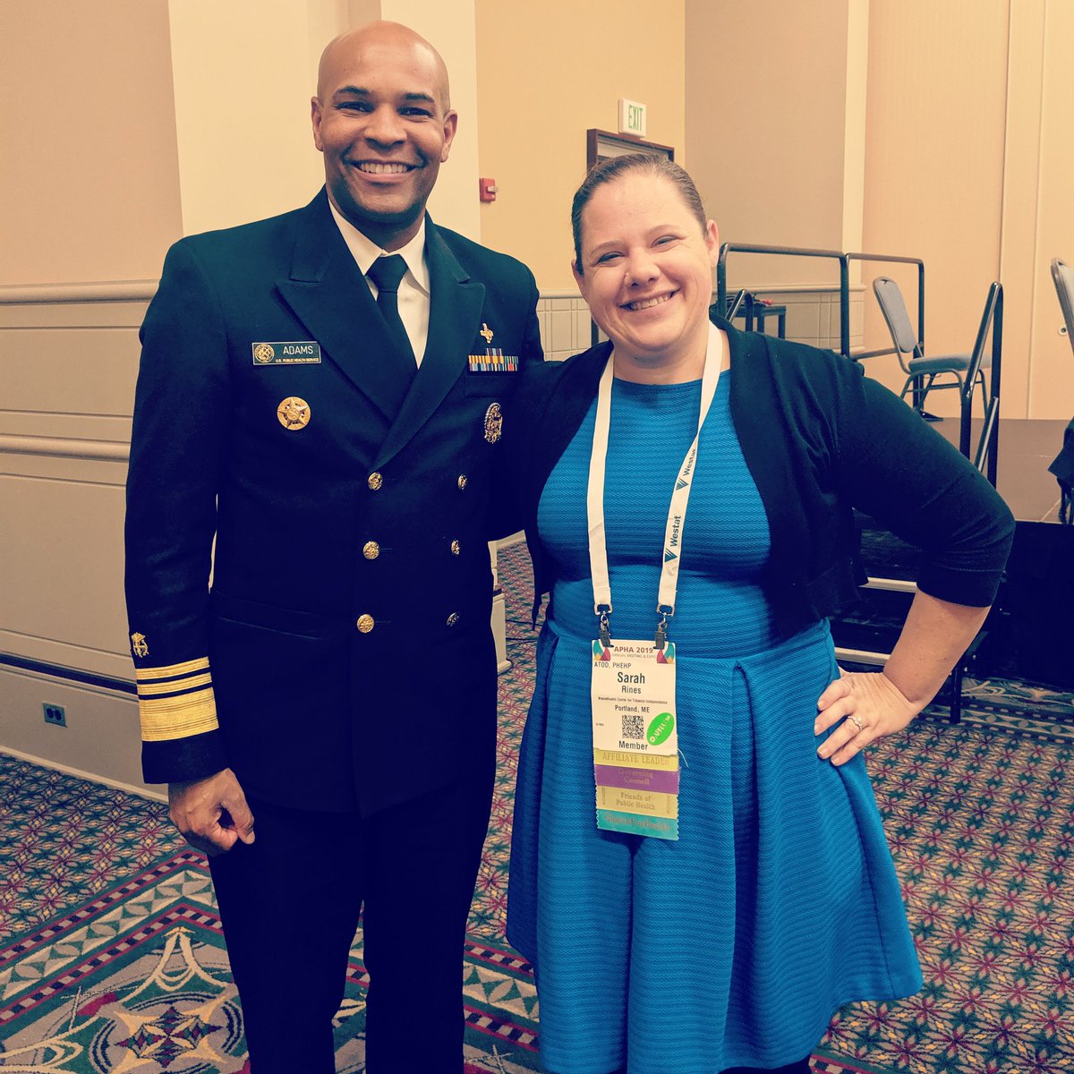 sarahm6's tweet photo. You know you love public health when you smile this big when meeting the @Surgeon_General! #phnerd #apha2019 #inspired https://t.co/kzZ6bA1EA1