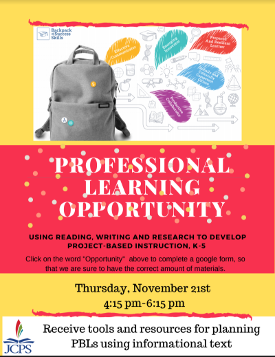 Leanna Brennick (@msbrennickela) on Twitter photo Professional Learning Opportunity!
Using Reading, Writing, and Research to Develop Project-Based Instruction, K-5 will be held November 21st. Click the link below for details, then sign up on PD Central. <a href="/sherylbibbyJCPS/">Sheryl Smith Bibby</a> @SusanJCPS
#CDLI
bit.ly/PBLK-5 Professional Learning Opportunity!
Using Reading, Writing, and Research to Develop Project-Based Instruction, K-5 will be held November 21st. Click the link below for details, then sign up on PD Central. <a href="/sherylbibbyJCPS/">Sheryl Smith Bibby</a> @SusanJCPS
#CDLI
bit.ly/PBLK-5