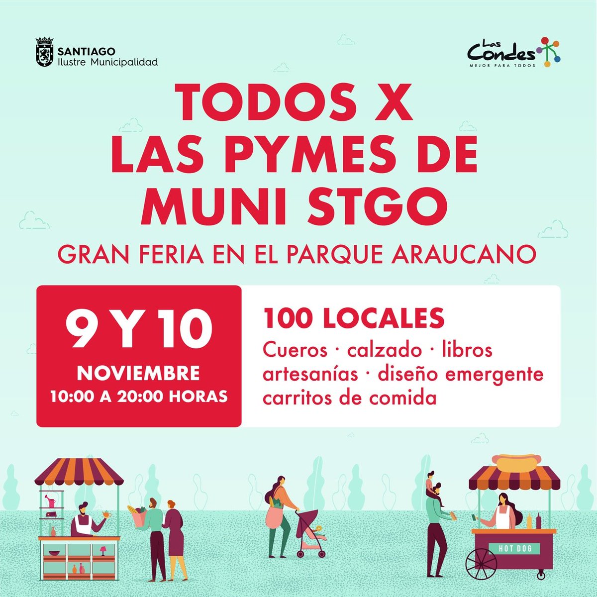 Gracias a una alianza entre <a href="/Muni_Stgo/">Santiago</a> y <a href="/Muni_LasCondes/">Las Condes</a>, las Pymes de nuestra comuna capital realizarán el sábado 9 y domingo 10 de noviembre una gran feria en el #ParqueAraucano, con más de 100 locales abiertos al público. Súmate y apoya a los emprendedores de la #RMdeTodos!