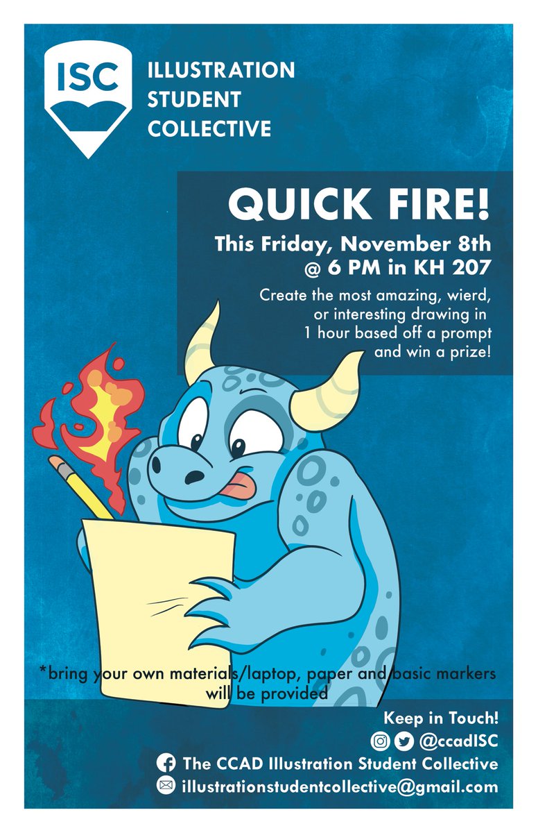 CCADISC's tweet image. Join us this Friday at 6pm in KH Room 207 for our Quick Fire night! You will have an hour to complete a masterpiece off of a prompt we give you! And the best part, there’s a chance to when a prize! Make sure to bring your supplies with you! See you then!