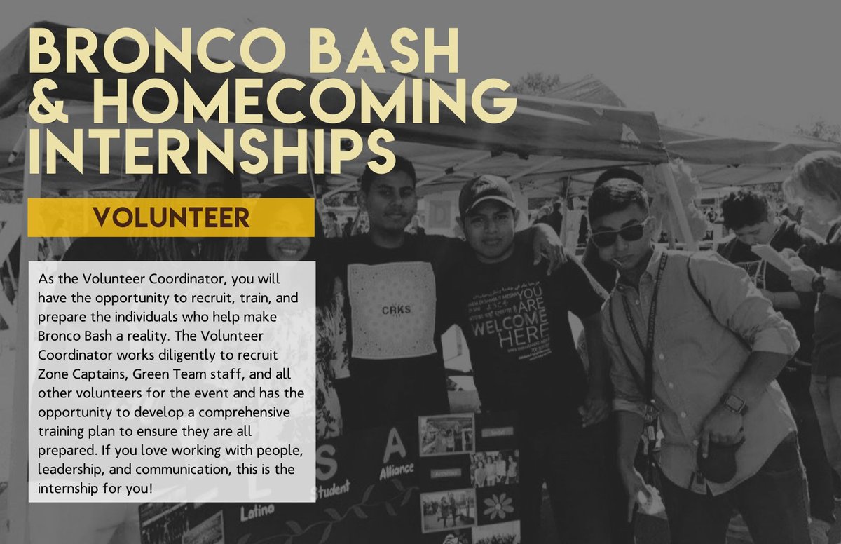 BroncoBash's tweet image. Do you have a passion for volunteering? Then the volunteer position is for you! This position entails areas of recruitment and organization. Bronco Bash and Homecoming wouldn’t happen without the volunteers that dedicate their time! Click to apply! buff.ly/2BTNQSU