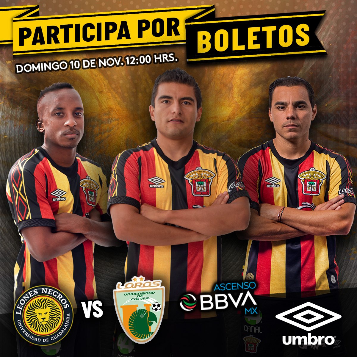 UmbroMex's tweet photo. Tenemos 20 pases dobles para el juego de @LeonesNegrosCF vs @lorosdecolima_ 

Requisitos para participar:
1.- Seguir a @UmbroMex 
2.- Dar RT a esta publicación.
3.- Etiquetar a un amigo con el que quieras ir al partido.

*Los ganadores serán elegidos al azar.
#UdeGSoloHayUna https://t.co/Nqu4MrWA5c