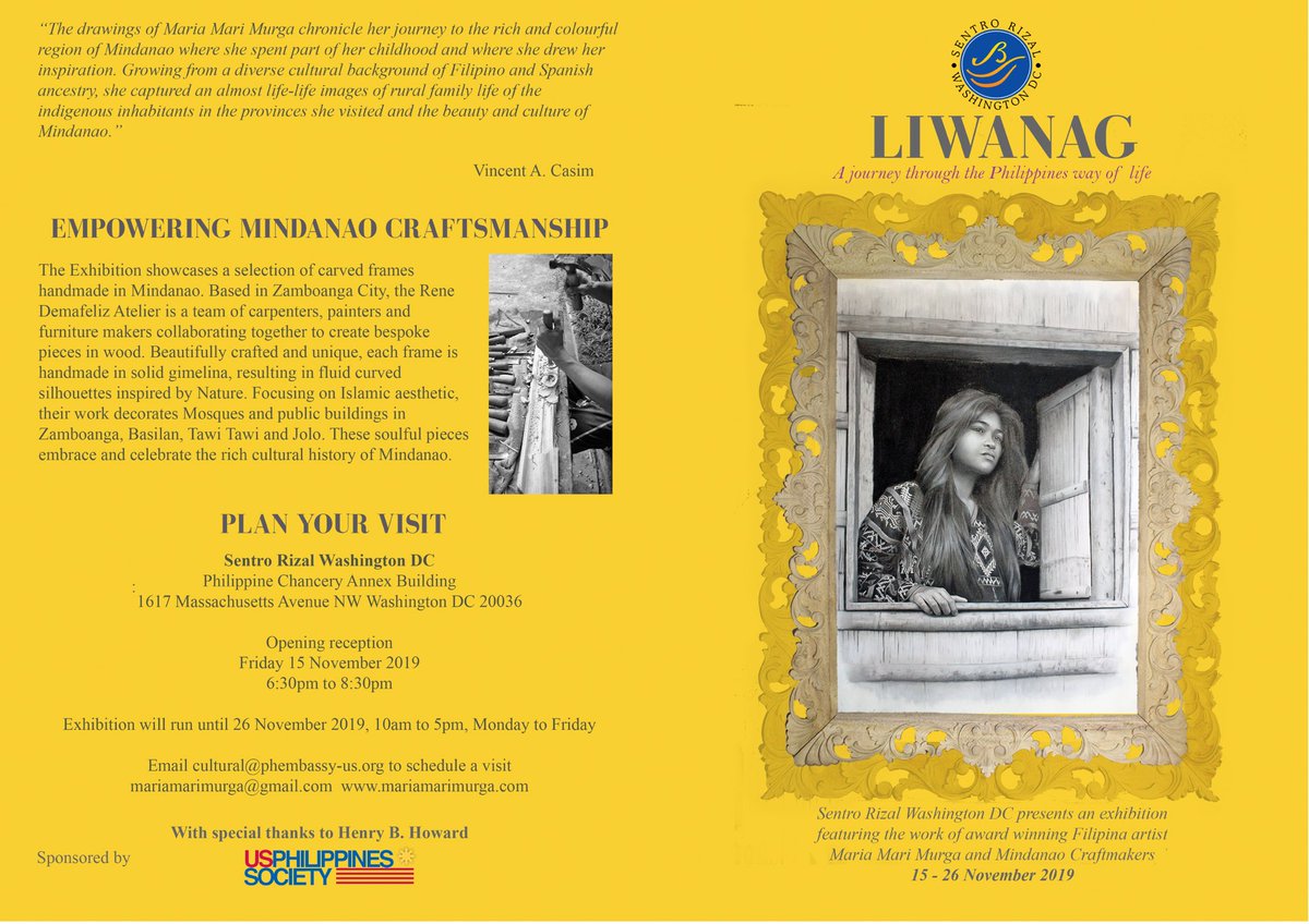 Sentro Rizal Washington DC, in cooperation w/ US-Philippines Society, presents ”LIWANAG", an exhibit of d work of award-winning Filipina-Spanish artist Maria Mari Murga & Mindanao Craftmakers on 15-26 Nov. Join us at exhibit opening on 15 Nov, 6:30-8:30PM at PH Chancery Annex