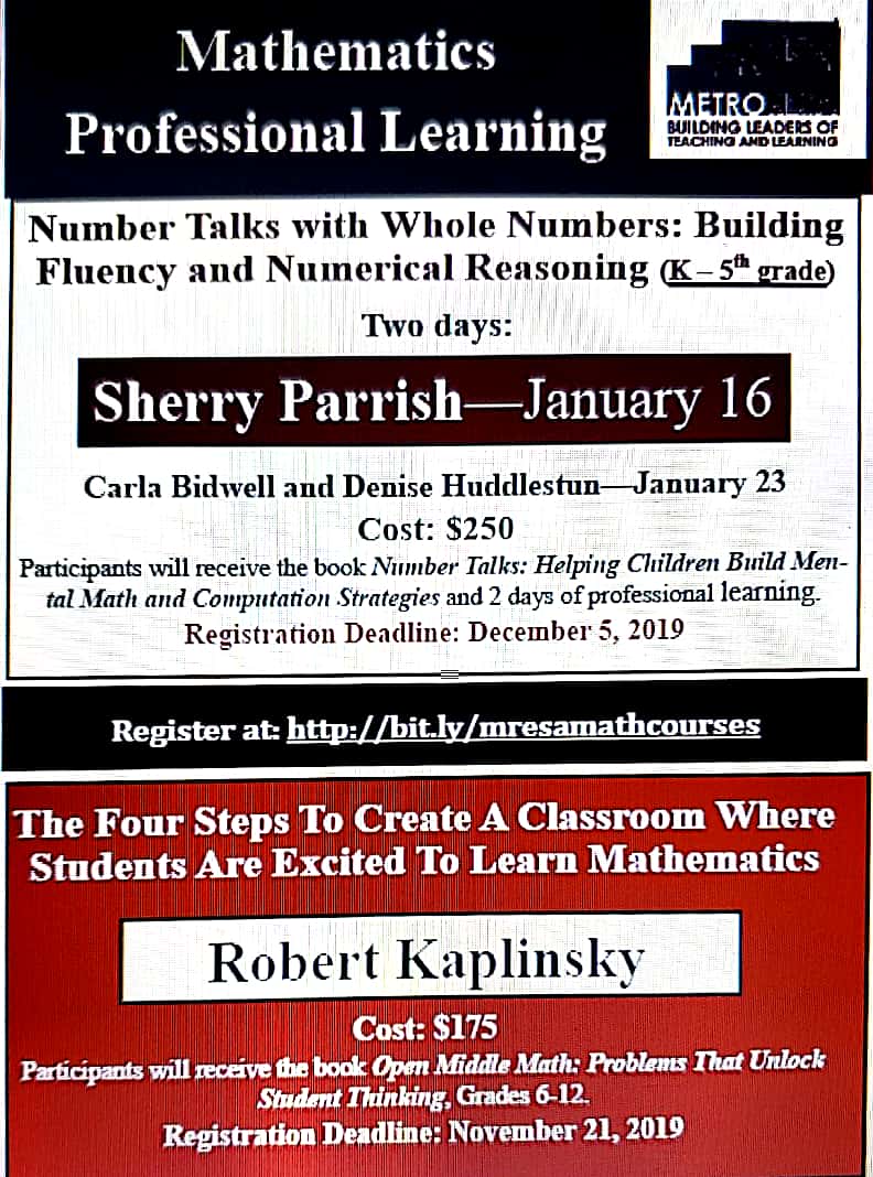 MRESA Math (@mresamath) on Twitter photo Be sure to register soon to reserve your space to spend a day with Robert Kaplinsky or Sherry Parrish! Registration deadline is Nov. 21 for one. Be sure to register soon to reserve your space to spend a day with Robert Kaplinsky or Sherry Parrish! Registration deadline is Nov. 21 for one.