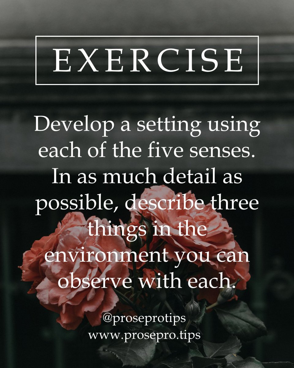 ProseProtips's tweet image. Exercise: Develop a setting using each of the five senses. In as much detail as possible, describe three things in the environment you can observe with each.

#setting #senses #nanowrimo2019 #writingadvice #proseprotips #howtowriteabook #exercise #writingprompt #writingideas
