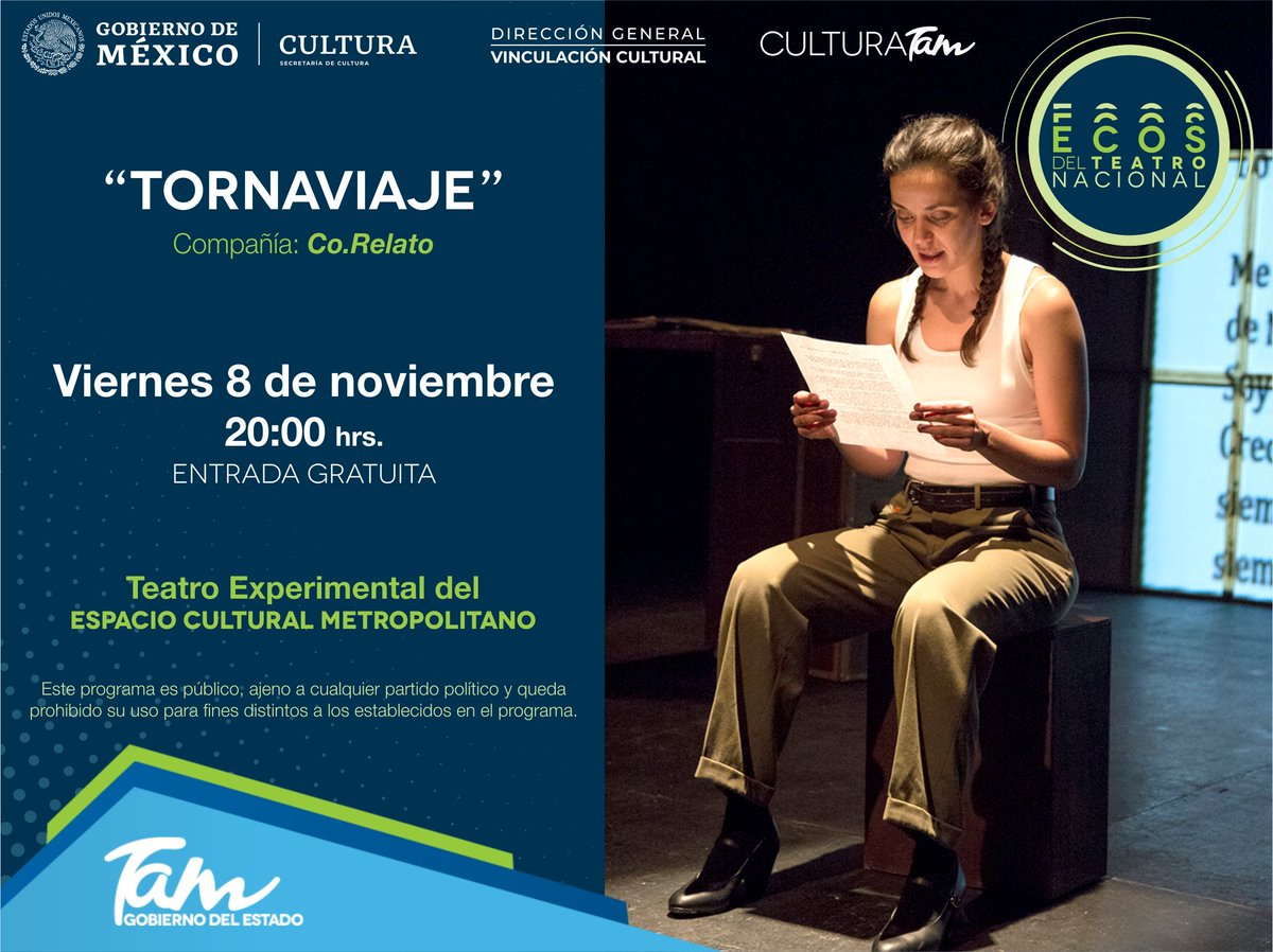 METRO_Tam's tweet image. Tornaviaje relata la travesía de Diana, que ha decidido cruzar el océano para buscar un pasado del que escuchó durante la niñez.

¡Un imperdible en #METROTam!
🎭 Dirigida a adolescentes y adultos | Entrada gratuita y sin boleto.
#Tampico #Ecos2019 #TeatroExperimental #CulturaTam