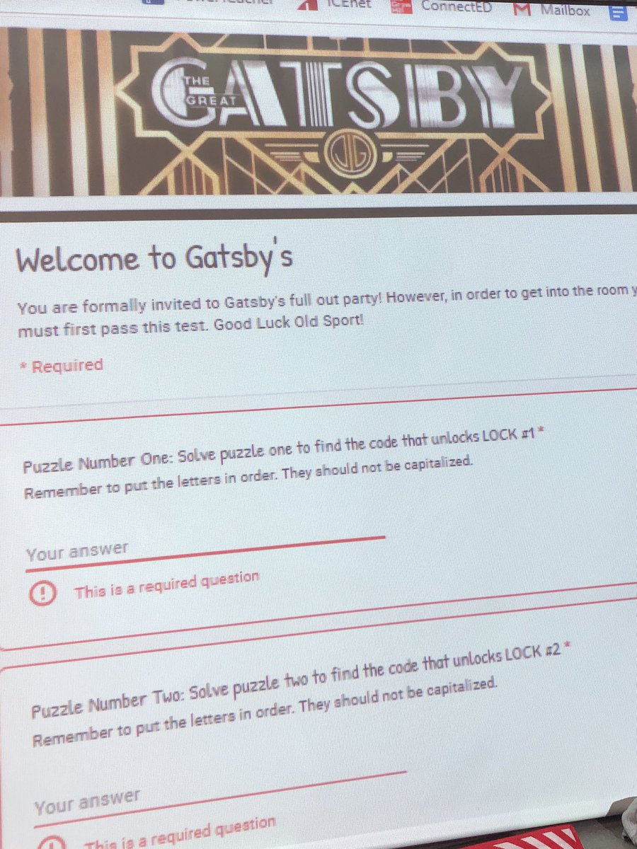 misswrightesl's tweet photo. Great Gatsby Escape Room! Solve the puzzles to get your invite to Gatsby’s! Needless to say the kids enjoyed the puzzles more than the 1920s music. Regardless, by the end I saw them tapping their feet to the beat 😂 #livewhatyoulearn #ELLevatingeachother https://t.co/1sg3qXlYr2
