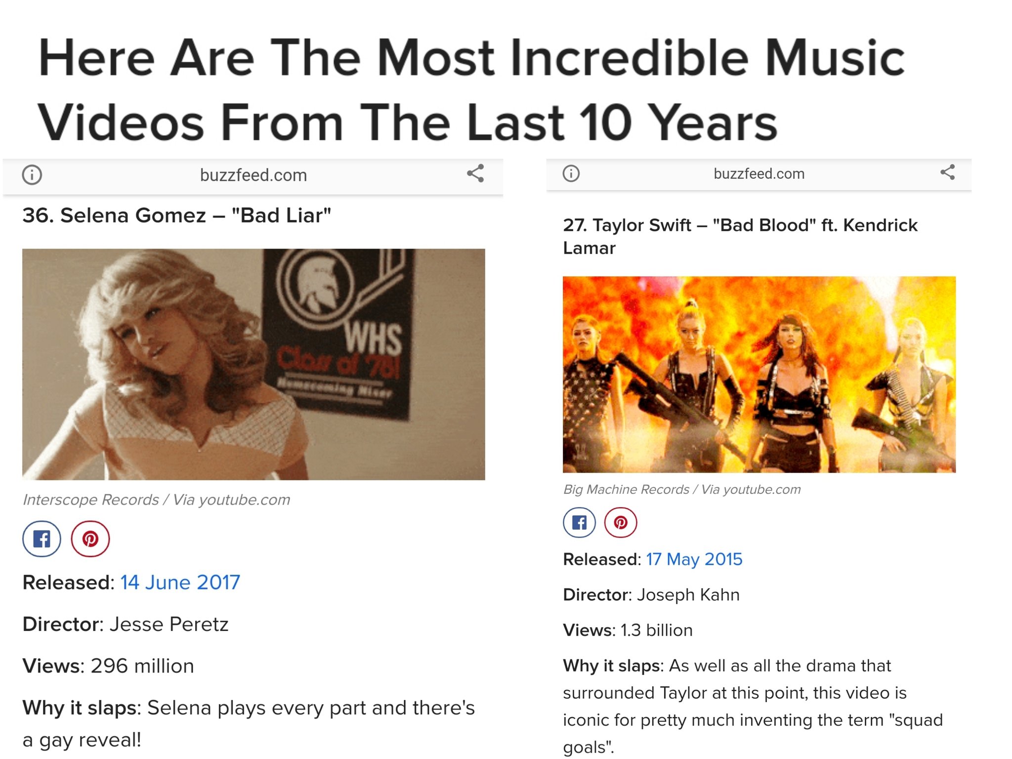 Selena Gomez Fan Acc On Twitter Buzzfeed Included Bad Liar In Their 50 Of The Best Music Videos Of The Decade List Also Was Included Bad Blood Music Video In Which Selena