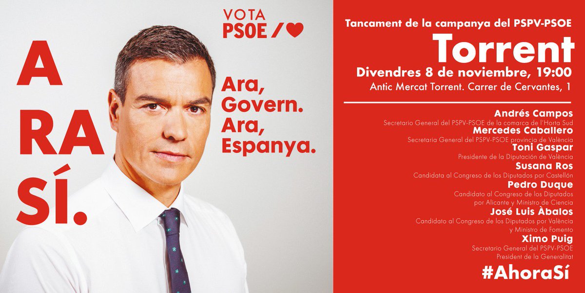 {❤️/ Tanquem Campanya a Torrent}

🔴➡️ Este divendres tanquem a l'Antic Mercat de #Torrent una campanya que consolidarà el progrés. 📍 T'esperem a les 19h amb el president <a href="/ximopuig/">Ximo Puig</a>, <a href="/abalosmeco/">EN EL NOMBRE DE ÁBALOS</a>, <a href="/astro_duque/">Pedro Duque</a>, <a href="/susana_ros/">Susana Ros</a>, <a href="/ToniGasparRamos/">Toni Gaspar Ramos</a>, <a href="/mercaballero2/">Mercedes Caballero/❤</a> i @Andres_Campos_ 🗣️
