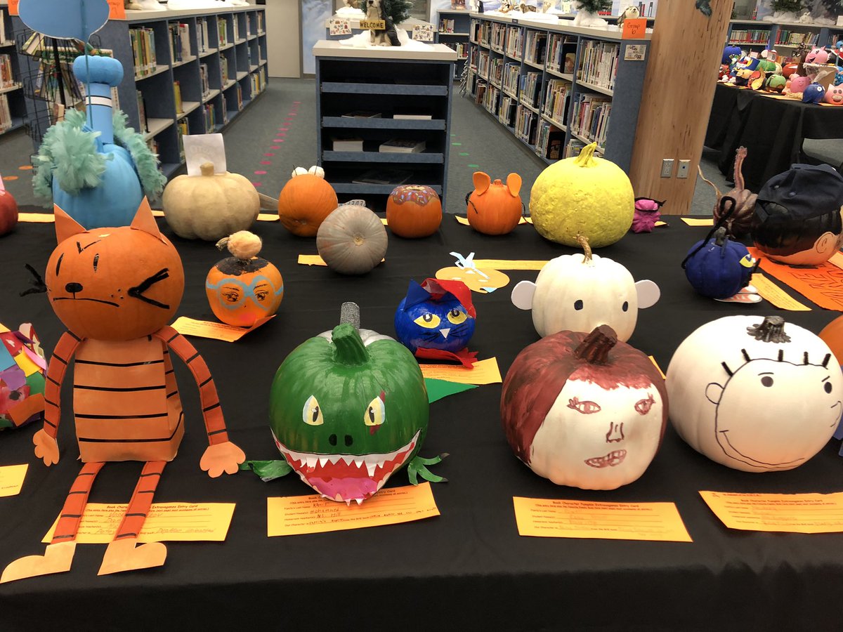 LibraryBHE's tweet photo. Wow!!!! The book character pumpkins were amazing this year!!!! https://t.co/wqugcK8SjX