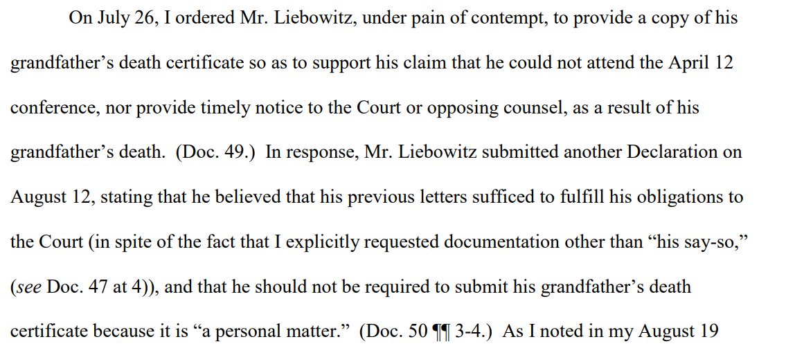 The court ordered him, "under pain of contempt, to provide a copy of his grandfather's death certificate"—instead, it got a *fifth* letter! This one saying it's a personal matter, so he shouldn't have to produce the actual certificate
