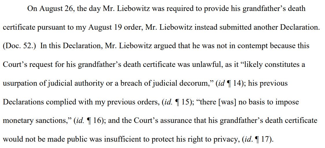 By this point, you've gotta know he wasn't going to do that. So on Aug 26, the court gets another declaration—but now he goes on the offensive.He "argued that he was not in contempt because [the request] was unlawful," a usurpation of authority, or a breach of judicial decorum