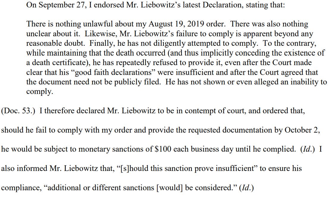 The court was not happy. There is nothing unlawful about the order. He hadn't even alleged he couldn't comply with it (because he made it up). Therefore, Liebowitz was held in contempt and ordered to provide the declaration by Oct 2 or be fined $100 for each day of noncompliance