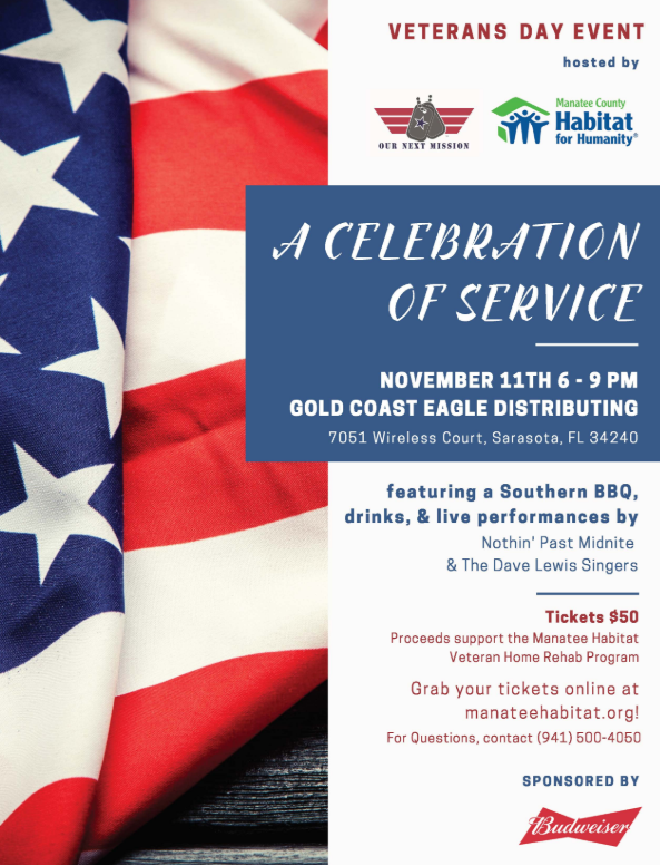 We are a proud sponsor of this great event! For additional information visit: bit.ly/2ChXtdY #veterans #wesupportveterans #ournextmission #manateehabitat #VeteransDay