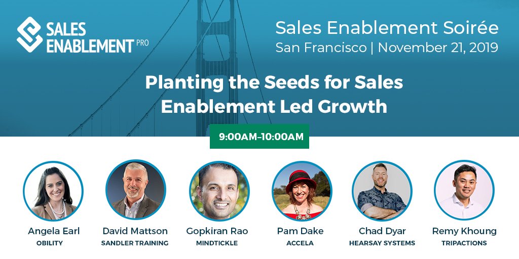 EnablementPRO's tweet photo. Learn how to bring the value of #salesenablement to leadership teams at the #SalesEnablementSoiree! Hear from experts @Dave_Mattson @mindtickle @chadtd1 @AccelaSoftware @TripActions @J_ai_Ho in this must-attend panel session 🌱: https://t.co/bD5WFv4e3Y https://t.co/7lqOrnqBdY