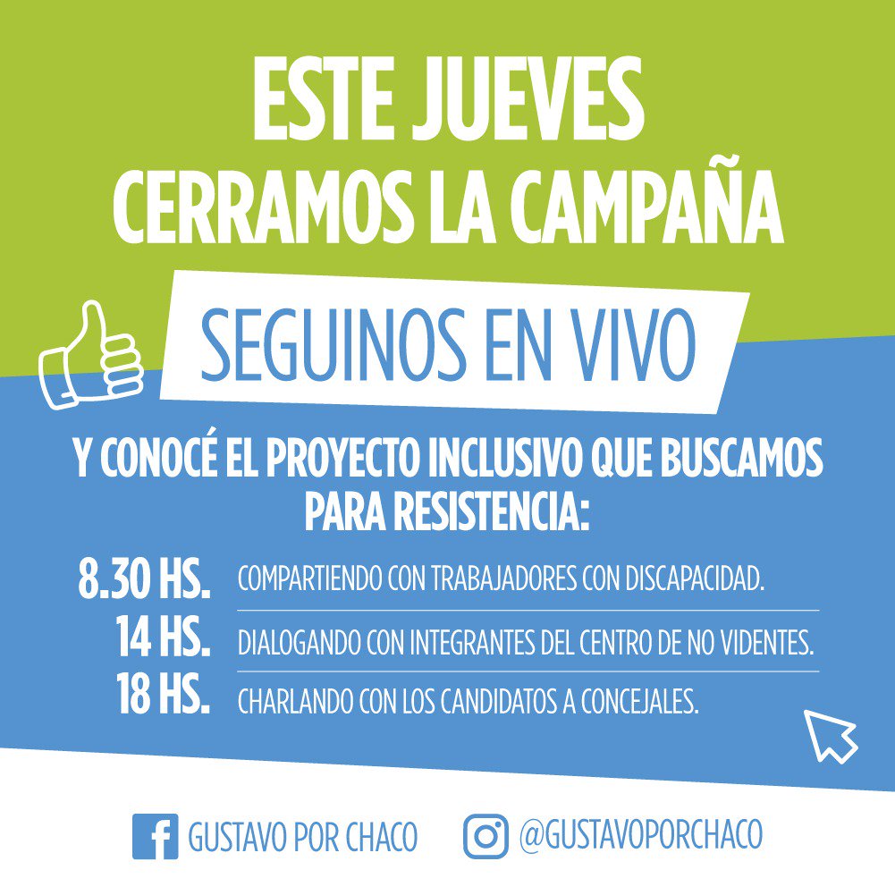 Mañana gran cierre de campaña‼️ vamos a seguir recorriendo la ciudad, y escuchando a cada vecino para mejorar #Resistencia 

Te invito a que compartas en vivo a través de Facebook e Instagram, 🤳
 
#GustavoIntendente 🤜🤛 #Vivo ✌️ #Resistencia 💪 #Lista662